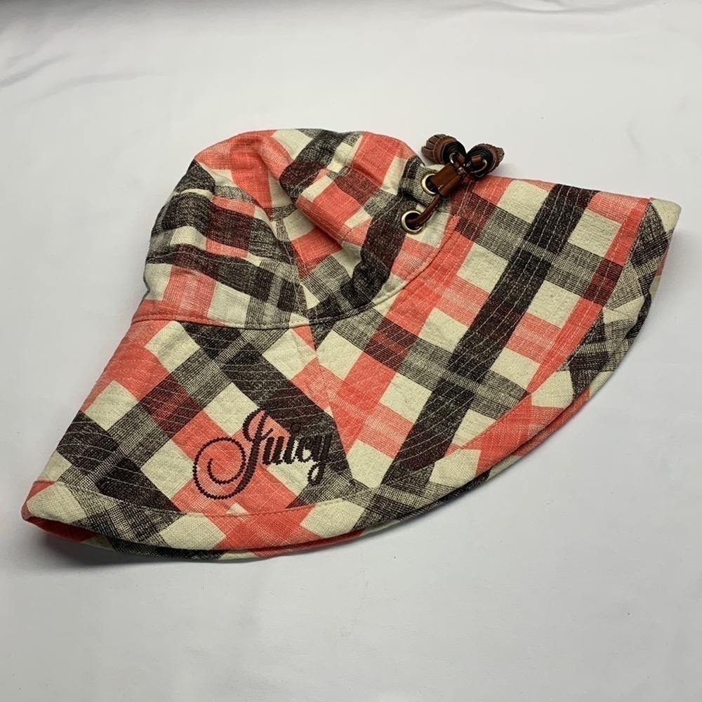 Juicy Couture Coral Pink Brown Plaid Linen Bucket Hat